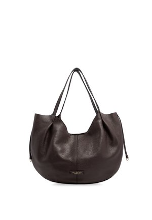 Dunkelbraune weiche Leder-Schultertasche mit dünnen doppelten Griffen und einem dezenten Markenlabel vorne in der Mitte.