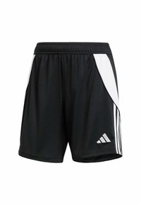 Shorts de sport noirs avec des panneaux latéraux blancs et trois bandes blanches près de l'ourlet, avec un petit logo Adidas sur la jambe droite avant.