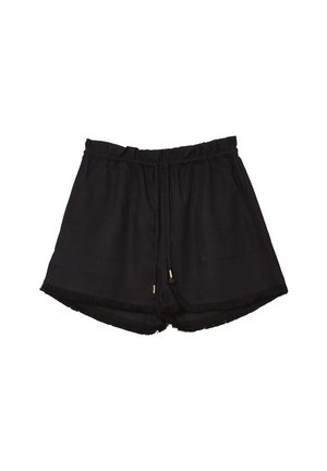 Schwarze, gewebte Shorts mit elastischem Bund, Kordelzug mit goldenen Akzenten, zwei Fronttaschen und fransigem Saumdetail an den Beinen.