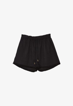 Pantaloni corti neri in tessuto intrecciato con cintura elastica, cordoncino con dettagli dorati, due tasche frontali e orlo sfilacciato alle gambe.