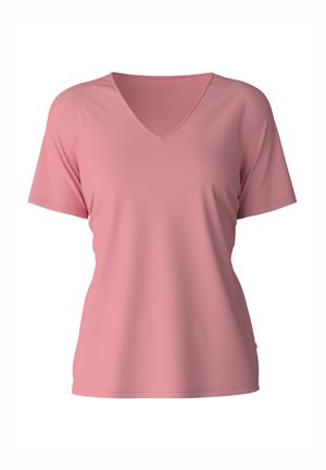 Roze t-shirt met korte mouwen en V-hals, gemaakt van een zachte stof. Heeft een nette afwerking en een relaxte pasvorm.