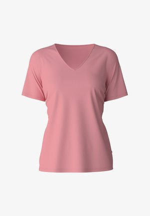 Roze t-shirt met korte mouwen en V-hals, gemaakt van een zachte stof. Heeft een nette afwerking en een relaxte pasvorm.