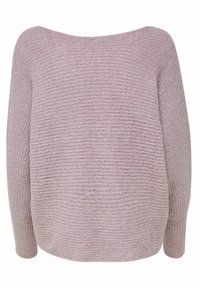 Weicher, gestrickter Pullover in hellem Lavendel mit lockerem Schnitt, weitem U-Boot-Ausschnitt und langen Ärmeln. Die Textur weist ein dezentes horizontales Muster auf.