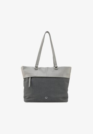 Graue Tote-Tasche mit einem glatten Lederoberteil und einem strukturierten Stoffkörper, ausgestattet mit zwei langen Trägern und einer Reißverschlusstasche an der Seite.