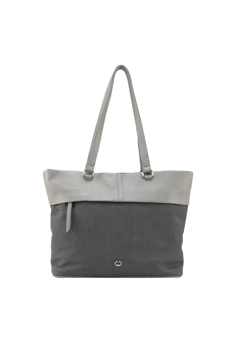 Borsa a tracolla grigia con parte superiore in pelle liscia e corpo in tessuto testurizzato, dotata di due lunghe manici e una tasca con zip sul lato.