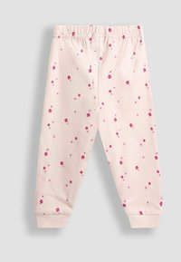 Lichtroze katoenen broek met een elastische tailleband, versierd met een verspreid bloemenpatroon in roze en wit. Aansluitende boorden bij de enkels.