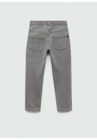 Šedé denimové kalhoty s uvolněným střihem, elastickým pasem a dvěma zadními kapsami. Hladká textura s mírnými vybledlými detaily.