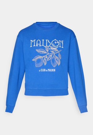 Sweatshirt azul com a palavra "MAIBON" e um gráfico de folha de limão em branco e amarelo. Tecido macio com decote redondo e mangas compridas.