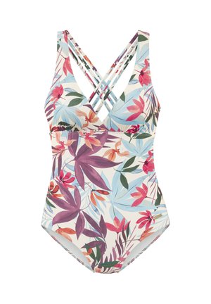 Jednodielne plavky s tropickou kvetinovou potlačou v pastelovej modrej, ružovej, fialovej a zelenej farbe, vybavené dvojitými krížovými ramienkami.
