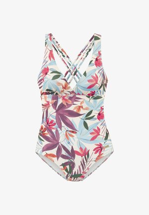 Vienos dalies maudymosi kostiumėlis su tropiniu gėlių raštu pastelinių mėlynų, rožinių, violetinių ir žalių spalvų, su dvigubomis susikertančiomis petnešėlėmis.