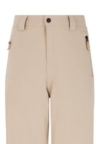 Pantaloni beige con una superficie morbida, dotati di chiusura a bottone e tasche con zip sui lati. Design su misura, taglio dritto.