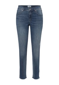 Jean en denim bleu slim fit avec texture délavée, ourlet effiloché et design à cinq poches. Comprend une fermeture éclair et un bouton en métal.