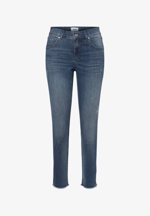 Smalfit blå denim jeans med falmet tekstur, frynset kant og fem lomme-design. Har lynlås og metalknaplukning.
