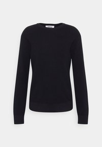 Pull noir à manches longues en matière texturée avec un col rond et un ourlet ajusté. Présente un motif en tricot côtelé.