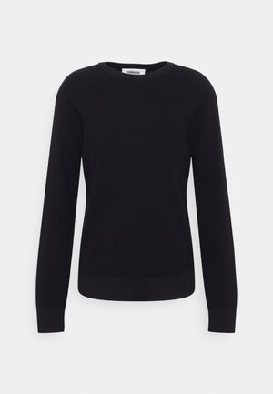 Maglione nero a maniche lunghe realizzato in materiale testurizzato, con scollatura rotonda e orlo aderente. Presenta un motivo a maglia a costine.