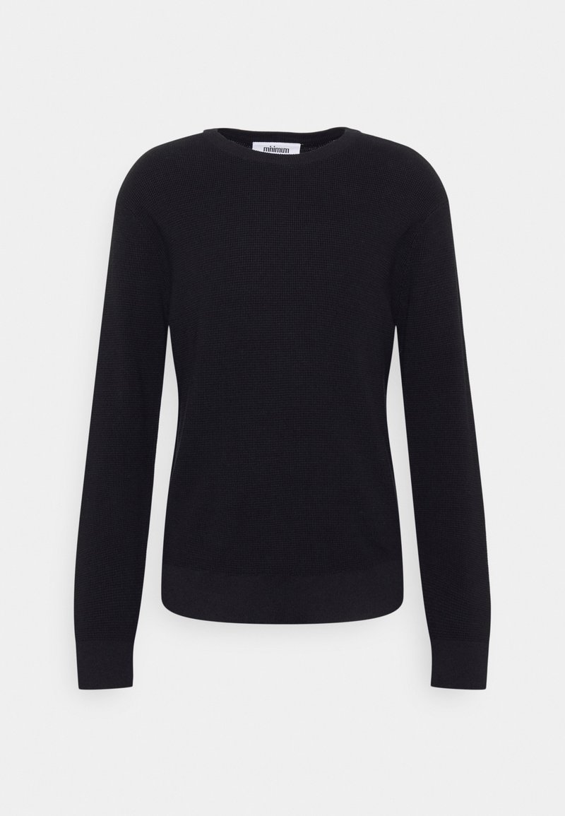 Czarny sweter z długim rękawem wykonany z teksturowanego materiału, z okrągłym dekoltem i dopasowanym wykończeniem. Charakteryzuje się prążkowanym wzorem dzianiny.