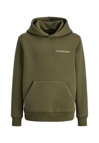 Felpa con cappuccio verde oliva in tessuto morbido, dotata di tasca a marsupio frontale, polsini a coste e un piccolo dettaglio sul petto.