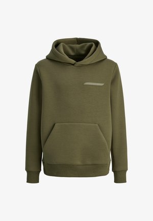Felpa con cappuccio verde oliva in tessuto morbido, dotata di tasca a marsupio frontale, polsini a coste e un piccolo dettaglio sul petto.