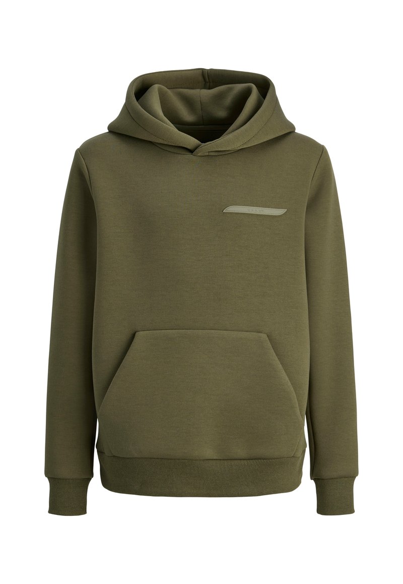 Felpa con cappuccio verde oliva in tessuto morbido, dotata di tasca a marsupio frontale, polsini a coste e un piccolo dettaglio sul petto.