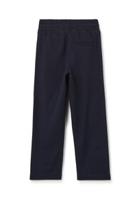 Pantalons bleu marine à taille élastique avec une texture lisse, dotés d'une seule poche arrière et d'un design à jambes droites. Pas de motifs ni d'accents visibles.