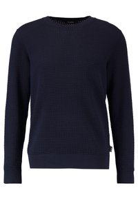 Marinblå tröja med strukturerad stickad mönster, rund halsringning och långa ärmar. Har ribbade manschetter och nederkant, tillverkad av mjukt tyg.