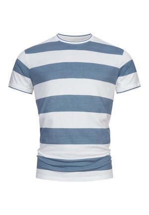 T-shirt blanc à manches courtes avec des larges rayures horizontales alternées bleu clair présentant un motif discret en chevron.