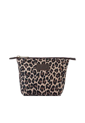 Small zippered pouch with brown and beige leopard print pattern and a dark brown label on a white background.