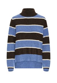 Maglione a collo alto lavorato a maglia con righe orizzontali in marrone scuro, azzurro chiaro e bianco. Texture morbida; vestibilità comoda.