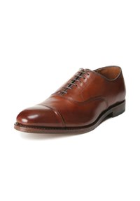 Scarpa da uomo in pelle marrone con punta tonda, design con lacci e dettagli di cucitura sottili sulla parte superiore. Texture liscia e finitura lucida.