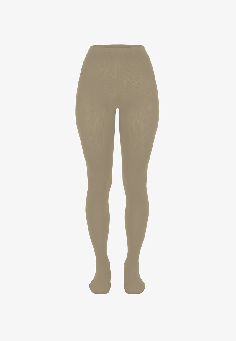 Beige, hoch taillierte, bodenlange gerippte Leggings mit Fußschutz, dargestellt vor einem einfarbigen weißen Hintergrund.