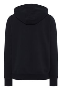 Black hooded sweatshirt with a smooth texture, featuring long sleeves and ribbed cuffs. The design is simple with no visible logos or patterns.