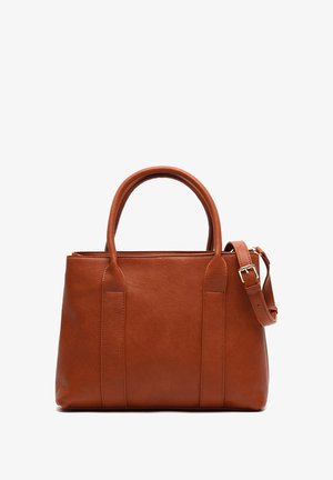 Brown leather handbag with dual handles and an adjustable shoulder strap. Features a textured surface and structured rectangular shape.