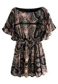 Zwarte paisleyjurk met korte mouwen met ruches, voorzien van een mix van roze en blauwe bloemmotieven, elastische taille voor een comfortabele pasvorm.