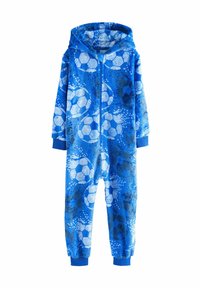 Blå huva onesie i mjukt material, med ett flerfärgat mönster och vita och svarta detaljer, en framdragkedja och muddar vid ärmar och anklar.