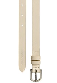 Beige leren riem met een gladde textuur, smal ontwerp, meerdere gaten voor aanpassingen en een zilveren metalen gesp. Bevat het merklogo.