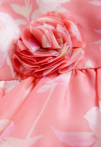Tkanina roza cvetlične obleke v roza barvi z večplastnim rožnatim poudarkom. Gladek tekstura dopolnjuje naborke na krilu.