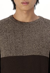 Maglione lavorato a maglia marrone con un design testurizzato, caratterizzato da una striscia orizzontale più chiara nella parte superiore e un collo a coste.