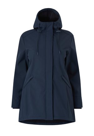 Navy blue hooded jacket with front zipper concealed by flap, adjustable hood drawstrings, and two angled zippered side pockets.