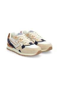 Baskets en suède beige et maille avec des accents bleu marine, des détails oranges, un col rembourré et une semelle texturée. Présente un bout rond et un design à lacets.