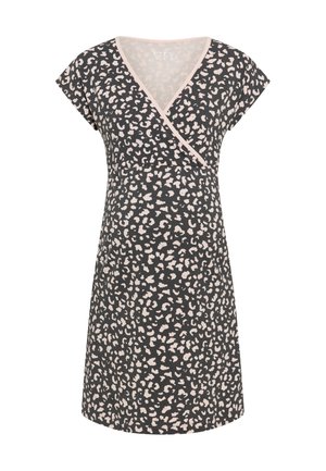 Black dress with short cap sleeves, featuring a leopard print pattern in soft pink and cream. V-neck design with a flattering wrap style.
