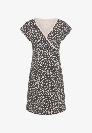 Schwarzes Kleid mit kurzen Cap-Ärmeln, versehen mit einem Leopardenmuster in zartem Rosa und Creme. V-Ausschnitt mit schmeichelhaftem Wickelstil.