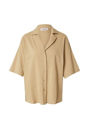 Korte mouwen, knoopsluiting overhemd in licht bruin, gemaakt van textuurstof met een licht gekreukt oppervlak en een ingeknipt kraag.