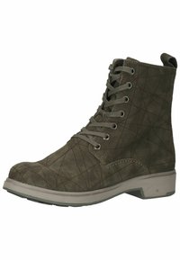 Schnürstiefeletten aus olivgrünem Wildleder mit geometrischen Nähten, runder Schuhspitze und einer hellgrauen Gummi-Sohle für besseren Halt.