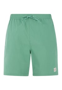 Groene zwemshorts met een trekkoord in de taille, zijzakken en een logo-embleem. Gemaakt van lichtgewicht, gladde stof en heeft een rechte snit.