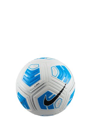 Biała piłka nożna z niebieskimi wzorami i czarnym logo Nike swoosh na jednolitym białym tle.