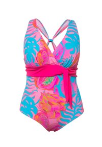 Maillot de bain une pièce coloré avec un audacieux motif floral tropical rose et bleu, un design en v et un détail de taille nouée.