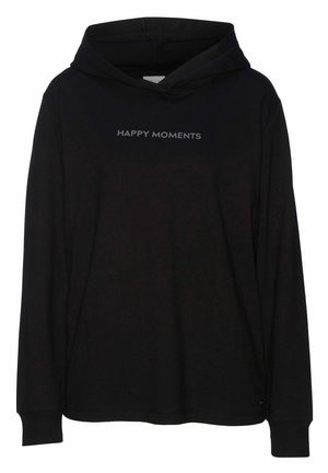 Schwarzer Kapuzenpullover aus Baumwolle, mit langen Ärmeln und vorderem Text "HAPPY MOMENTS" in Grau. Einfaches Design mit gerippten Bündchen.