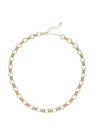 Goldene Kette mit runden Gliedern und kleinen Perlenclustern, ausgestattet mit einem verstellbaren Verschluss und Verlängerungskettchen.