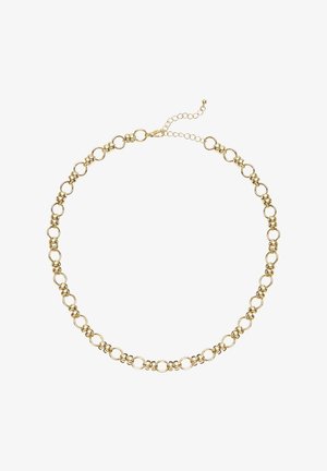 Goldene Kette mit runden Gliedern und kleinen Perlenclustern, ausgestattet mit einem verstellbaren Verschluss und Verlängerungskettchen.