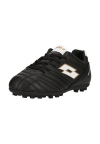Scarpa da calcio nera in pelle sintetica, con una parte superiore testurizzata, design con lacci, dettagli in oro e bianco, e tacchetti in gomma modellata per una migliore trazione.